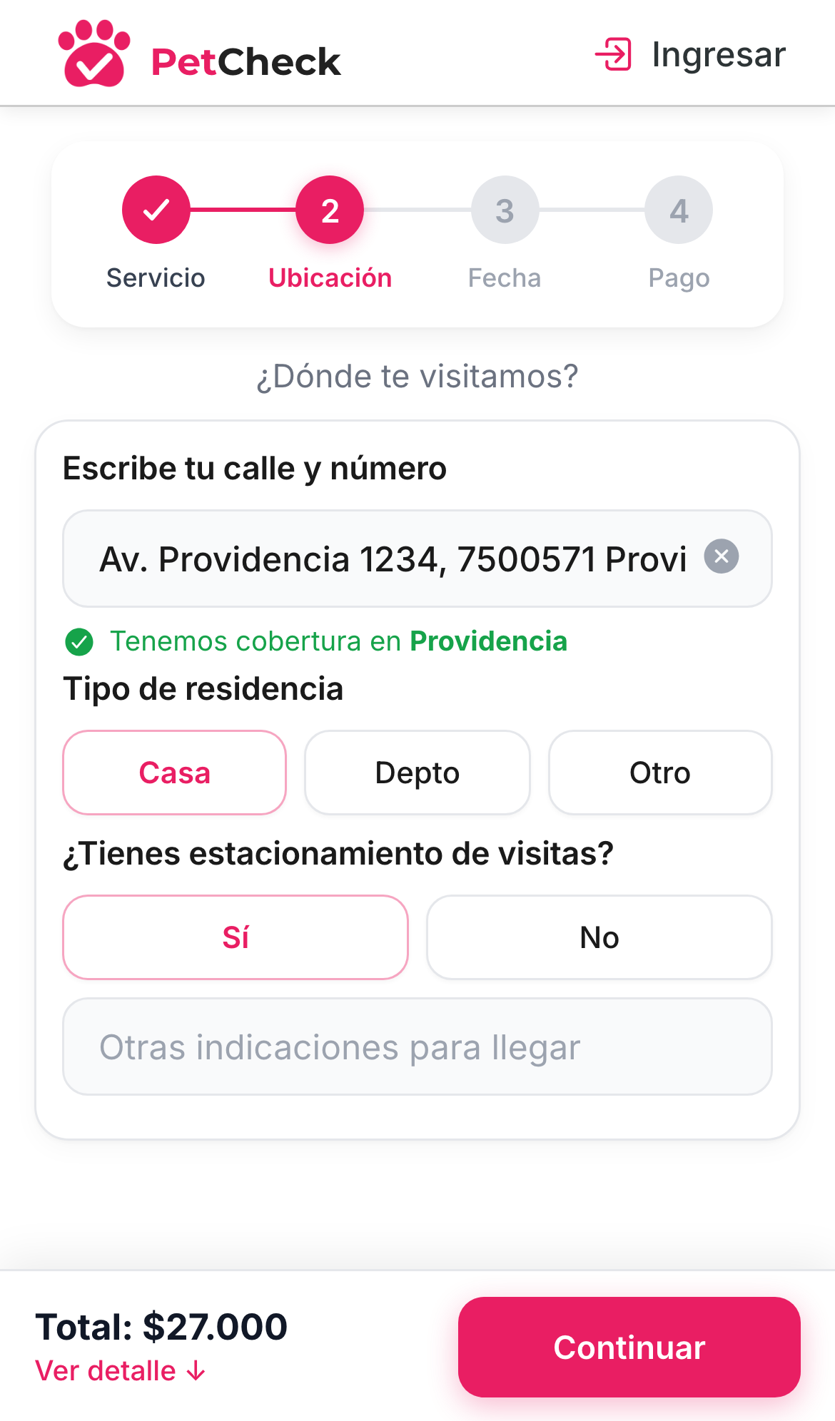 Pantalla móvil de PetCheck para ingresar dirección y confirmar cobertura