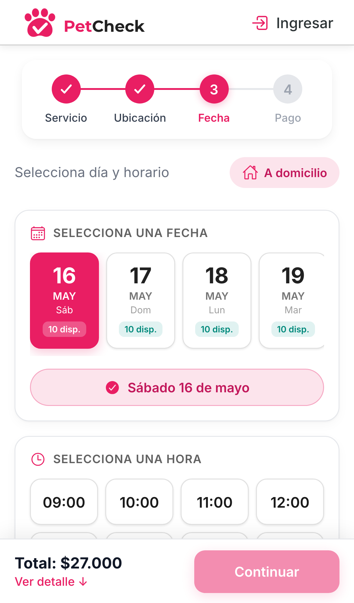 Pantalla móvil de PetCheck para seleccionar fecha y horario